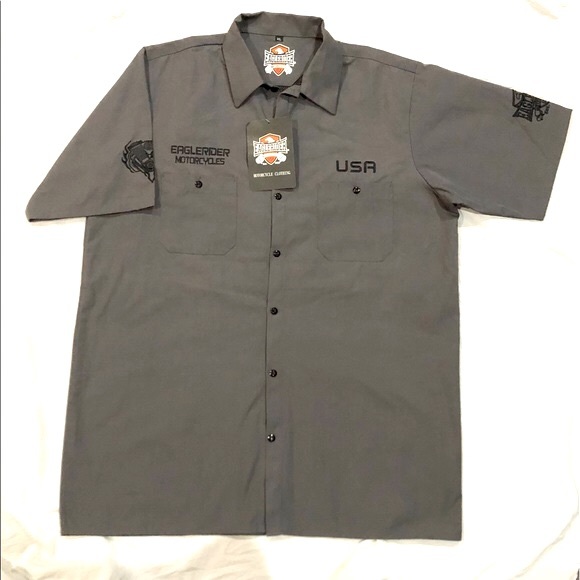 EAGLE RIDER motorcycle clothing men’s buttoned grey decaled shirt size XL NWT - Picture 5 of 14